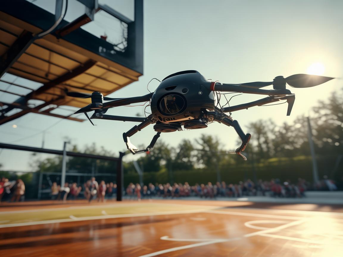 无人机飞跃篮球场篮筐下，技术革新与精彩展现